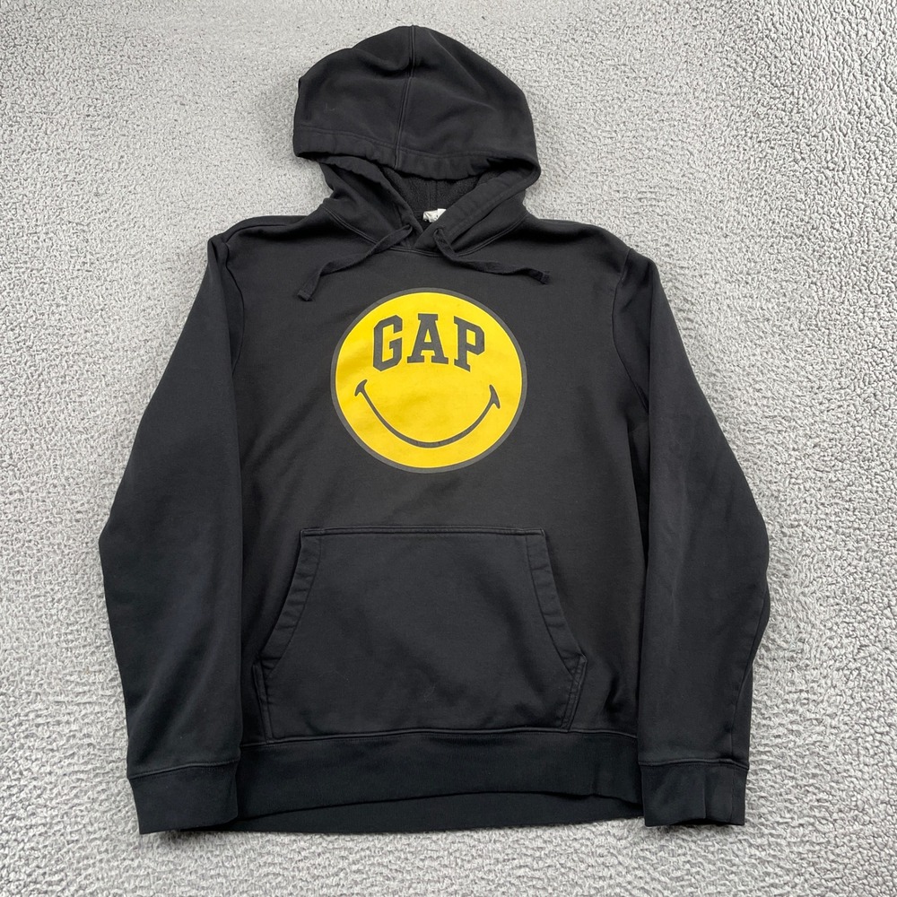 Gap Hoodie Mens Medium Black Smiley Originals Graphic Pullover Sweatshirt Fleece